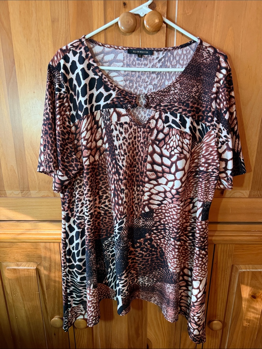 Ellen Weaver Brown Animal-Print Short Sleeve Tunic with Ring Detail